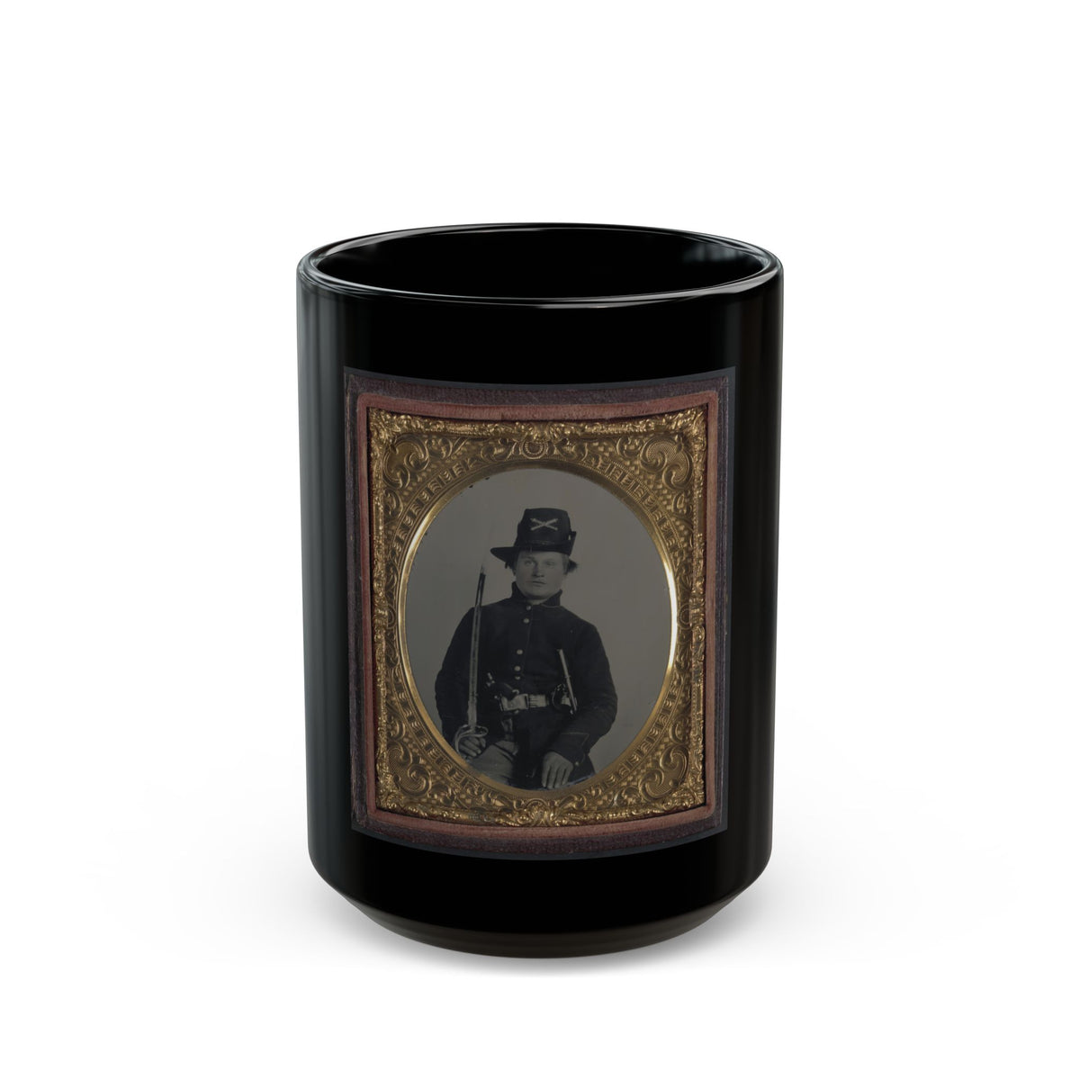 Unidentified Soldier In Union Frock Coat And Hardee Hat With Model 1860 Light Cavalry Saber And Colt Army Model 1860  Revolver (U.S. Civil War) Black Coffee Mug
