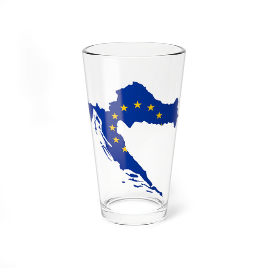 Silhouette map of Croatia filled with the blue and yellow star design of the European Union flag.