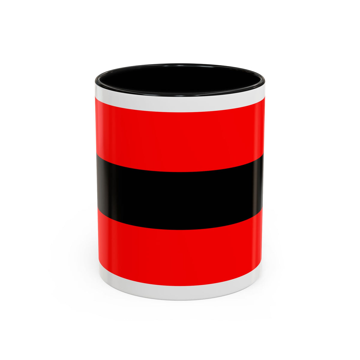 Bold red and black horizontal stripes, two red bands framing a wide central band across the design.
