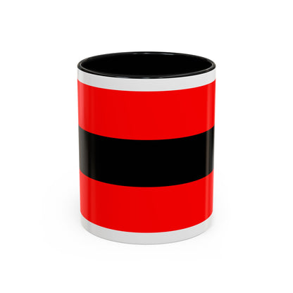 Bold red and black horizontal stripes, two red bands framing a wide central band across the design.