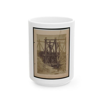 Military Railroad Operations In Northern Virginia  Two Men Boring Holes In Bridge Trestles And Man With Haupt's Torpedo (U.S. Civil War) White Coffee Mug