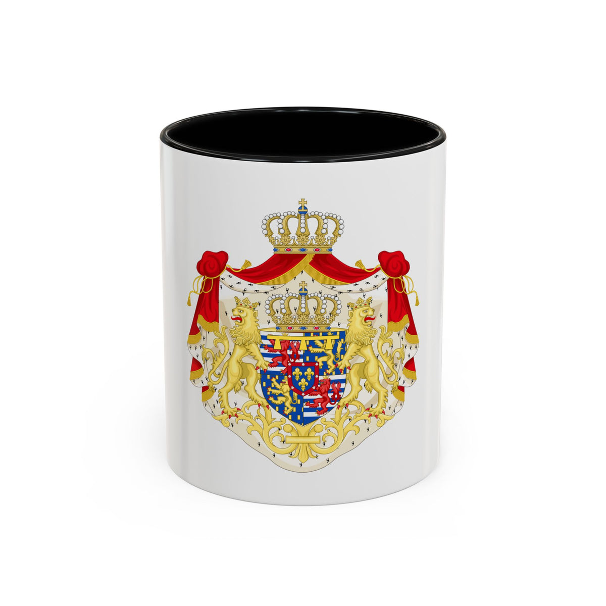 Ornate heraldic arms with gold lion supporters and a crowned shield of red lions and fleurs-de-lis.