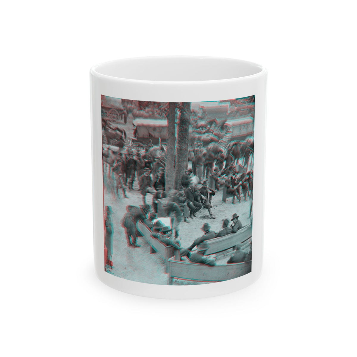 Historical photograph with red and cyan fringing of men on benches and among horses and wagons under trees.