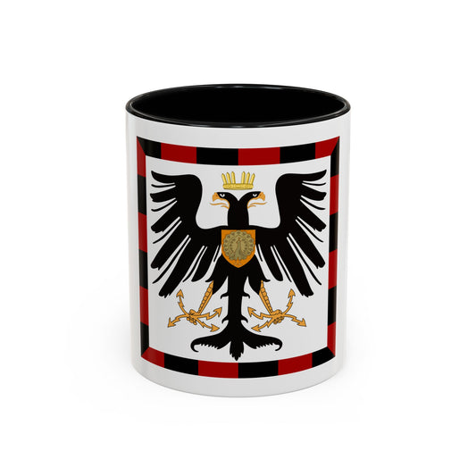 Black double-headed eagle wearing a gold crown, with a peacock shield and gold thunderbolts, in a checkered border.