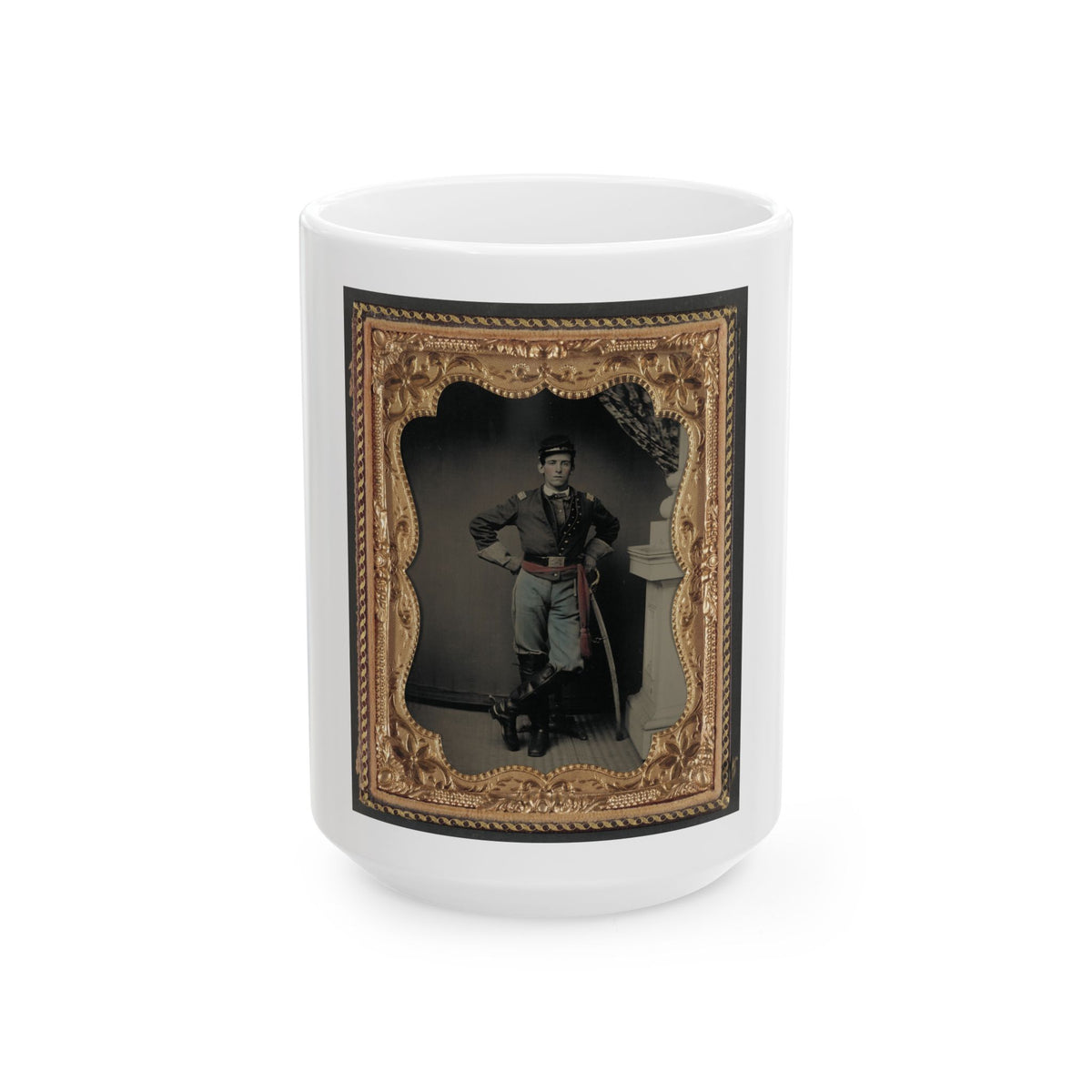 Unidentified Soldier In First Lieutenant's Uniform, Red Sash, Leather Gauntlets, And Spurs With Cavalry Sword (U.S. Civil War) White Coffee Mug