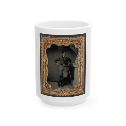 Unidentified Soldier In First Lieutenant's Uniform, Red Sash, Leather Gauntlets, And Spurs With Cavalry Sword (U.S. Civil War) White Coffee Mug