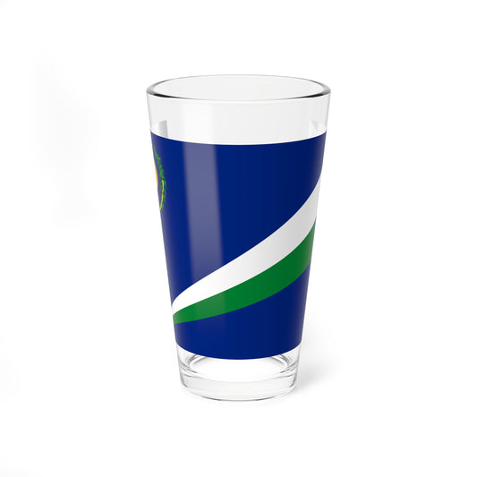 Blue flag with a white and green diagonal stripe and a golden sun inside a laurel wreath in the upper left corner.