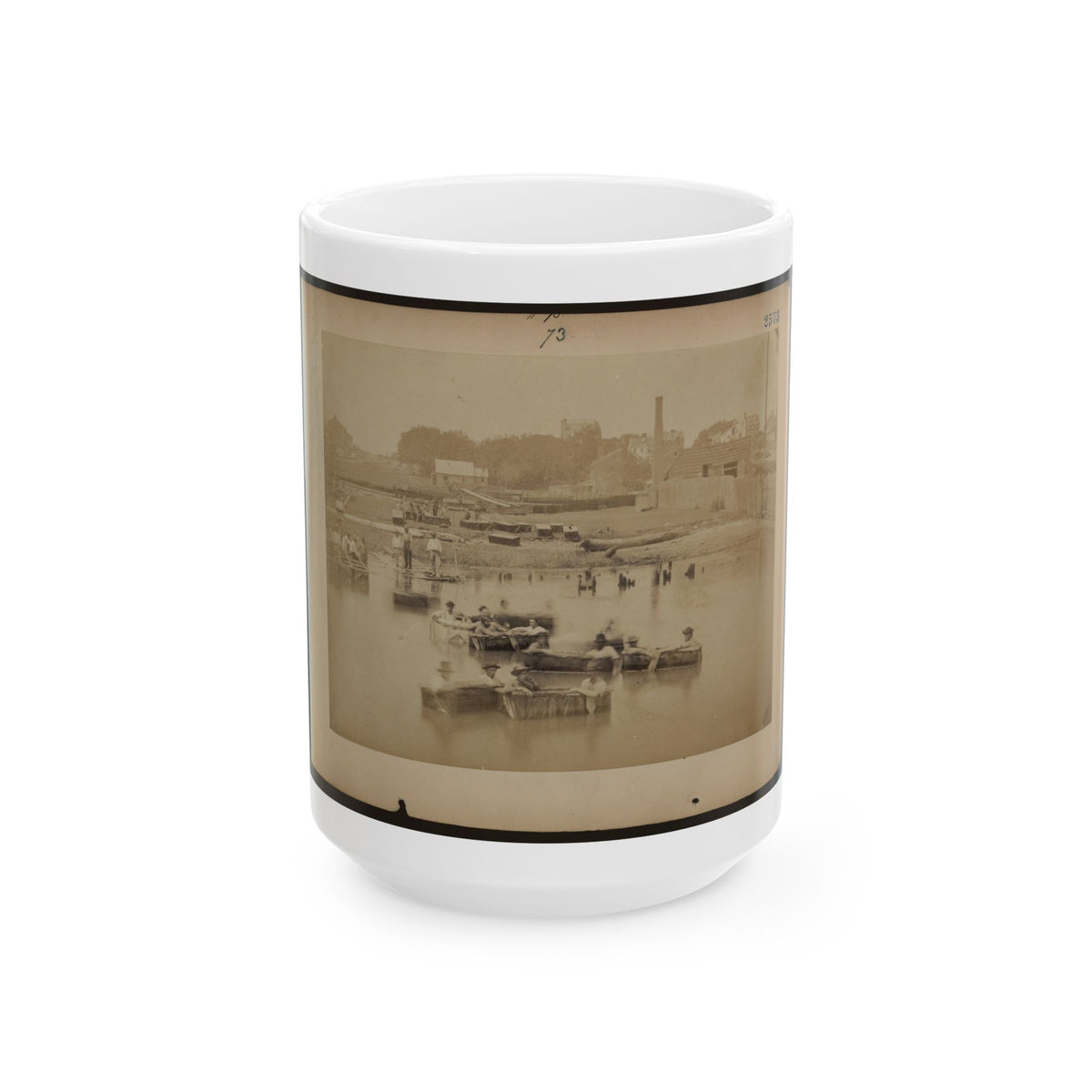 Military Construction In Northern Virginia  Men Sitting In Blanket Boats On The Potomac River (U.S. Civil War) White Coffee Mug