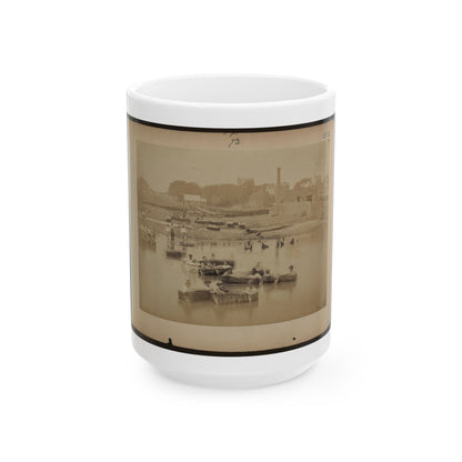 Military Construction In Northern Virginia  Men Sitting In Blanket Boats On The Potomac River (U.S. Civil War) White Coffee Mug
