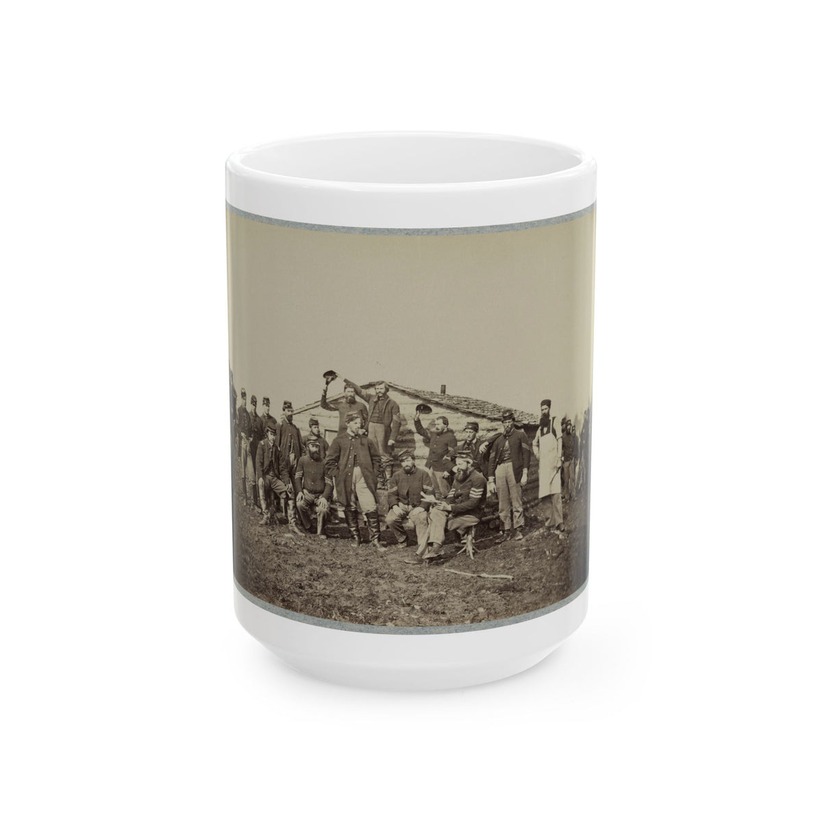 Group Of Soldiers Gathered Outside A Cabin (U.S. Civil War) White Coffee Mug