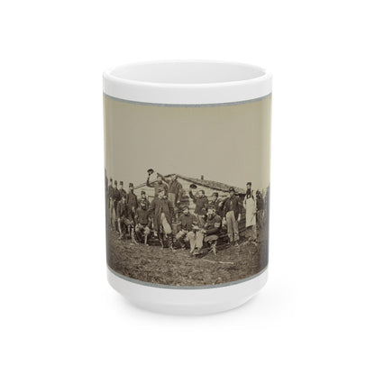 Group Of Soldiers Gathered Outside A Cabin (U.S. Civil War) White Coffee Mug