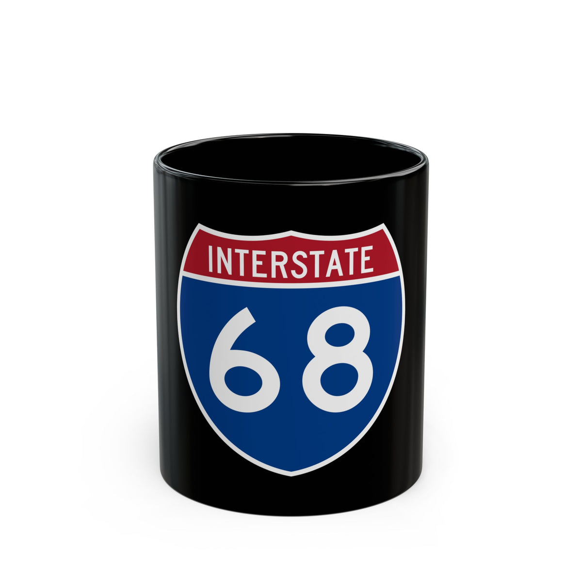 Flat vector US Interstate 68 highway shield with white INTERSTATE lettering above the number 68 on a navy blue field.