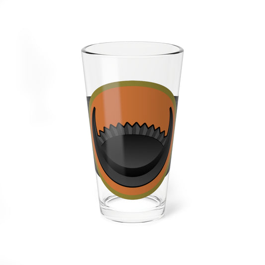 Orange medallion with an olive rim and black serrated crescent, flanked by tapering dark striped ribbon wings on white.
