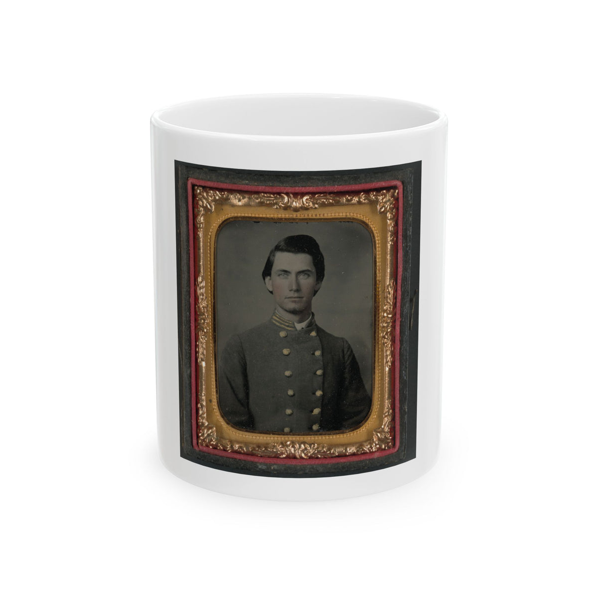 Hand-tinted tintype portrait of a young man in a grey military-style jacket with gold collar piping, in a gilt case.