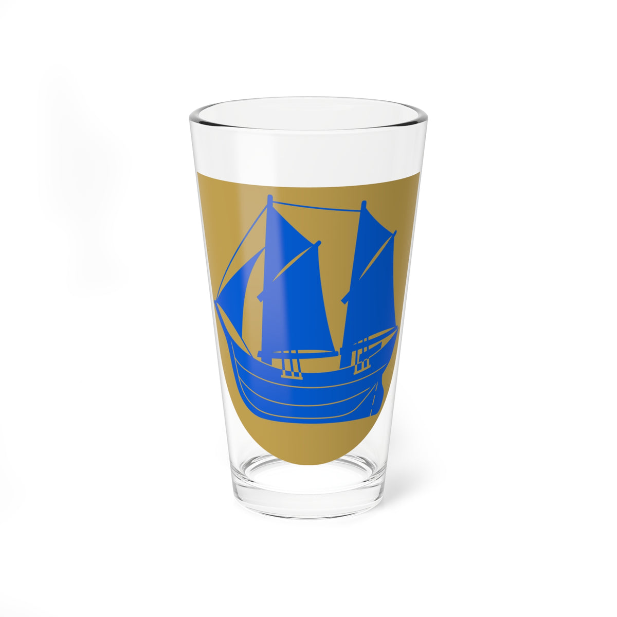 Blue two-masted sailing ship with billowing sails and outlined hull on a gold heraldic shield.