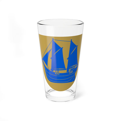 Blue two-masted sailing ship with billowing sails and outlined hull on a gold heraldic shield.