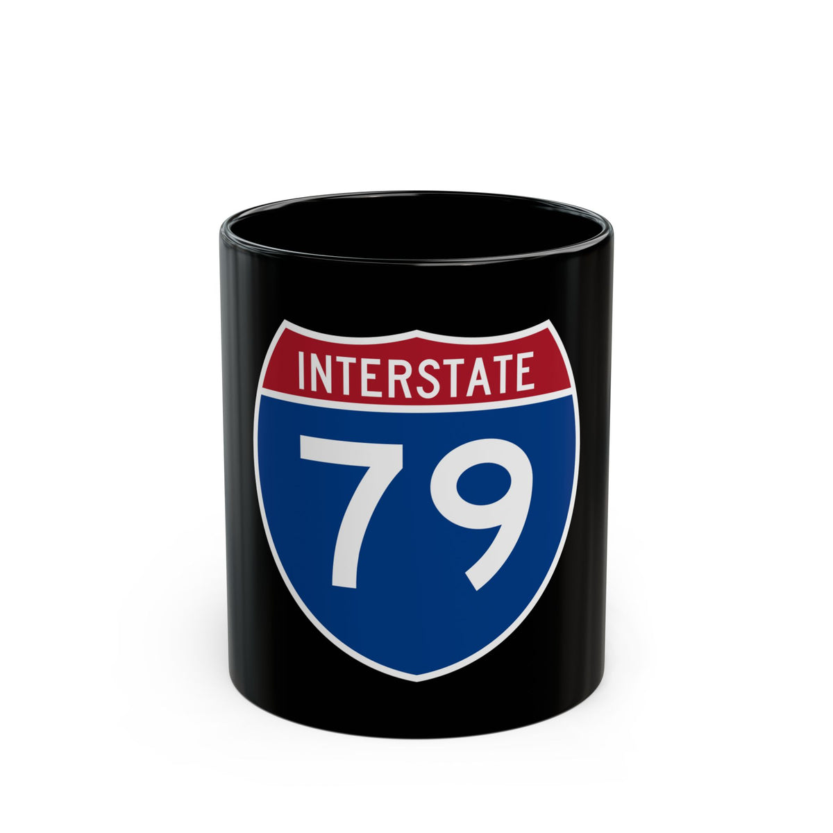 Flat vector US Interstate 79 route shield: white INTERSTATE above the number 79, set on navy blue.
