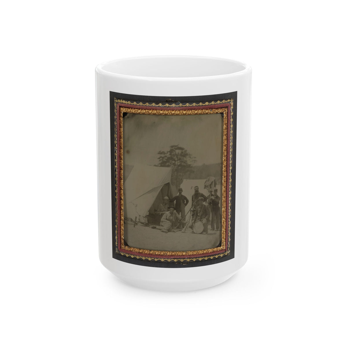 Seven Unidentified Soldiers In Union Uniforms With Drum And Stacked Rifles In Front Of Tent (U.S. Civil War) White Coffee Mug