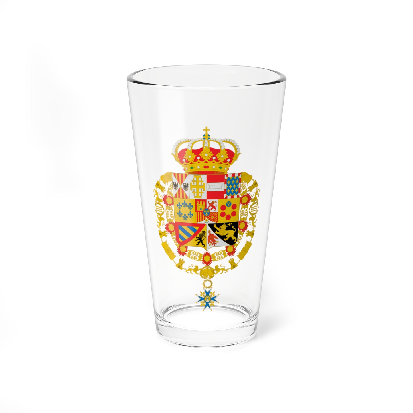 Escudo de Armas de Juan de Borbón con Toisón y Orden de Carlos III león gules (Spain) (Coat of Arms) Pint Glass 16oz