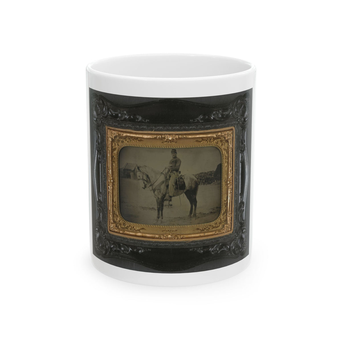 Antique tintype of a soldier in a forage cap riding a grey horse across an open field, in an embossed case.