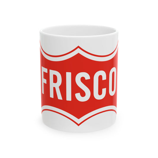 Red and white wavy-edged badge bearing the word FRISCO in bold white capitals, in a vintage railroad style.