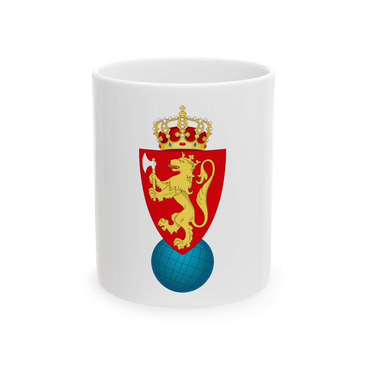 Red heraldic shield with a gold crowned lion holding an axe, set atop a blue globe and topped by a crown.