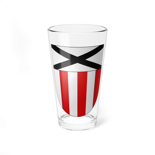 A black saltire cross over red and silver vertical stripes on a heraldic shield in flat vector style.
