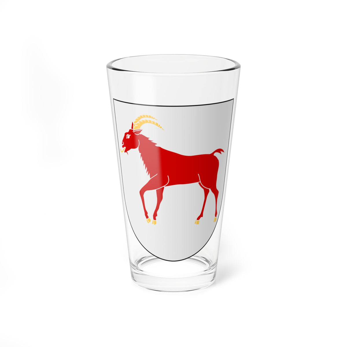 Red goat with gold horns, hooves and beard walking left across a silver heraldic shield.