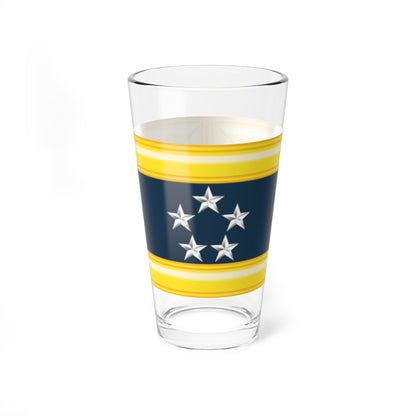 Five small silver stars arranged in a ring on a navy field framed in bevelled gold, with metallic shading.