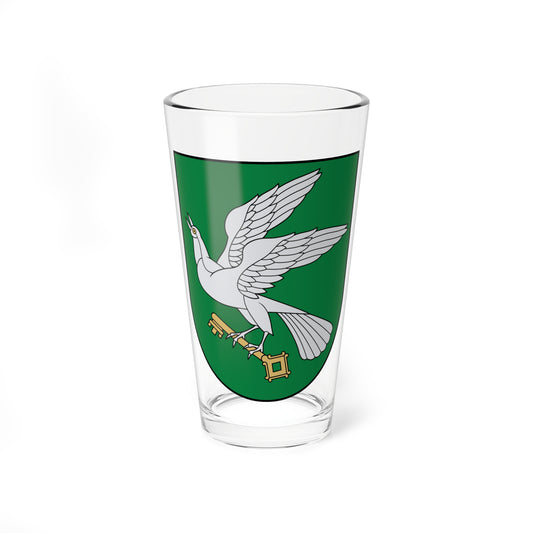 White dove with outstretched wings holding a golden key on a green heraldic shield with a dark outline.
