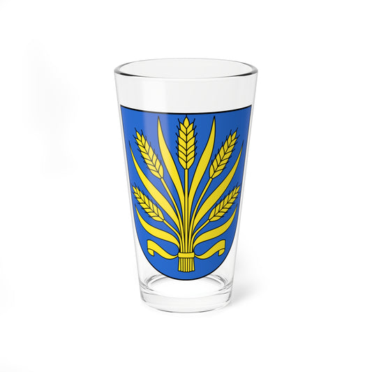 Blue heraldic shield with a yellow sheaf of wheat tied with a band and ribbon scrolls.