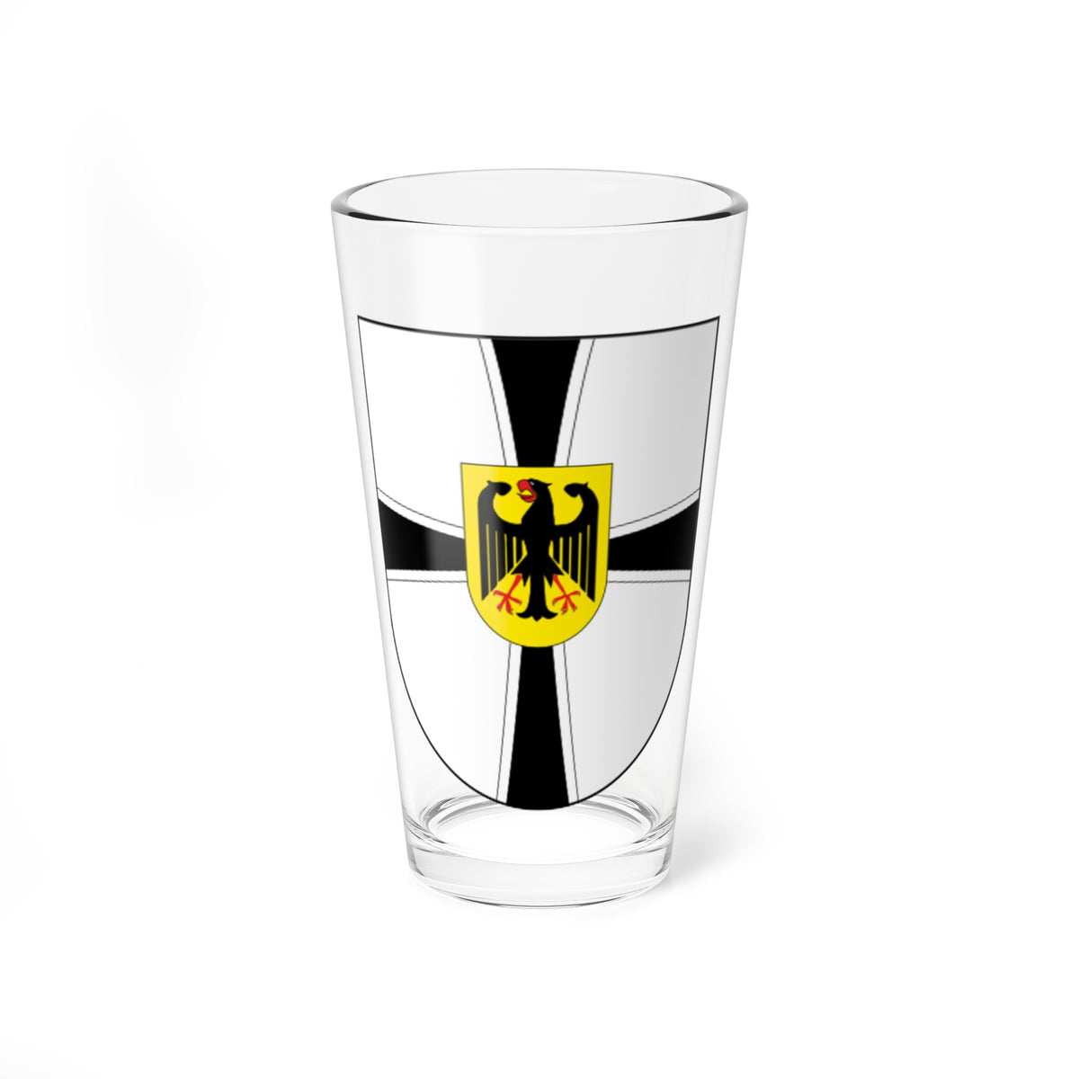 White heater shield with a black cross and a yellow inset showing a black heraldic eagle with red beak and talons.