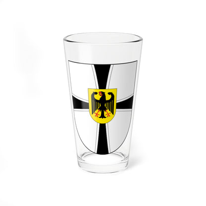 White heater shield with a black cross and a yellow inset showing a black heraldic eagle with red beak and talons.