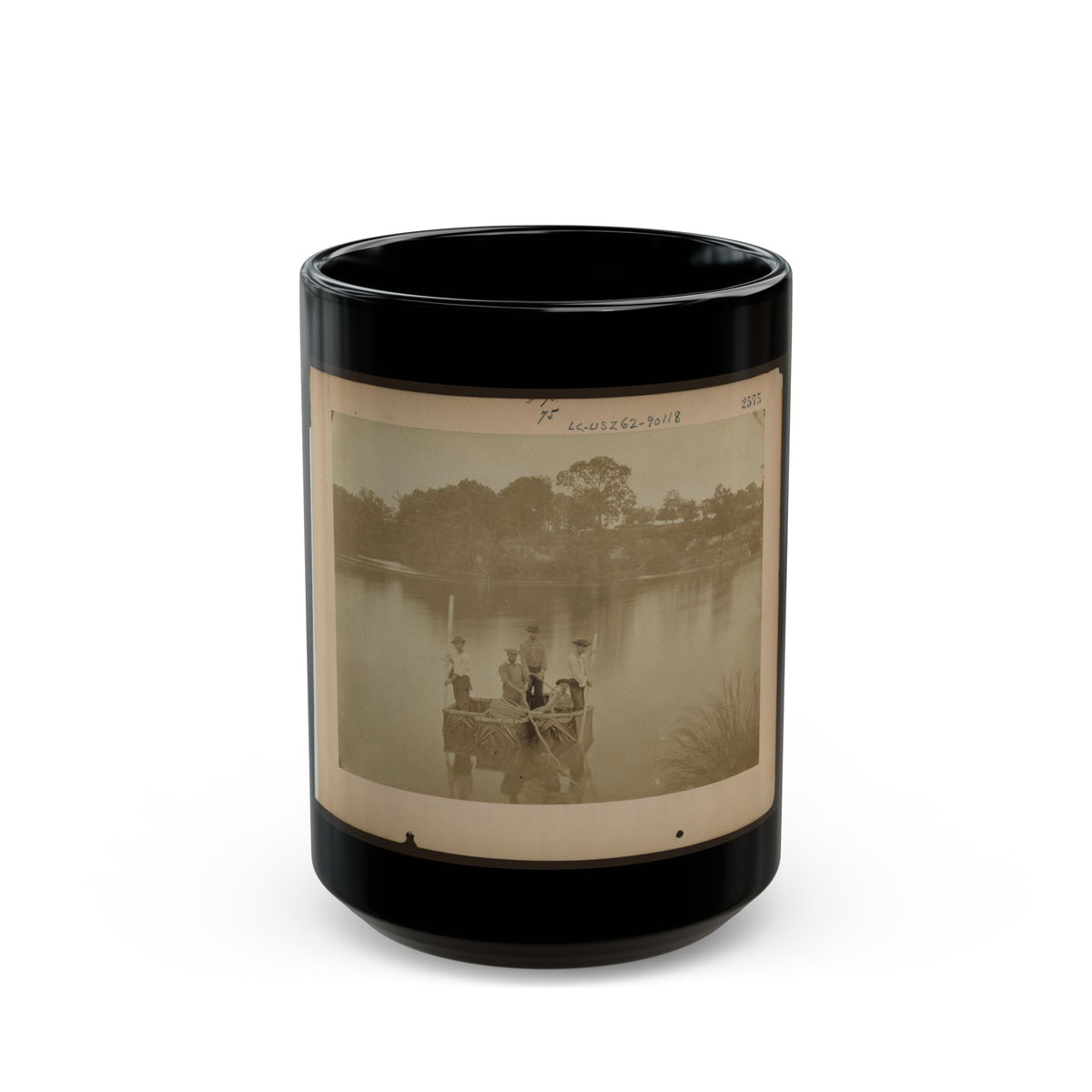 Military Construction In Northern Virginia  Five Men In Three Blanket Boats Strapped Together On The Potomac River (U.S. Civil War) Black Coffee Mug