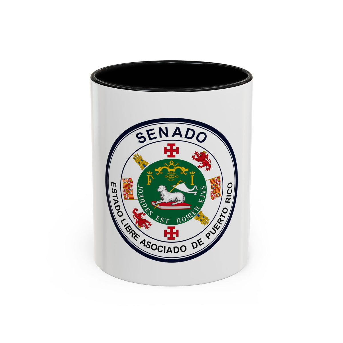 Circular Puerto Rico Senate seal with a white lamb on a red book under a gold crown and navy rim.