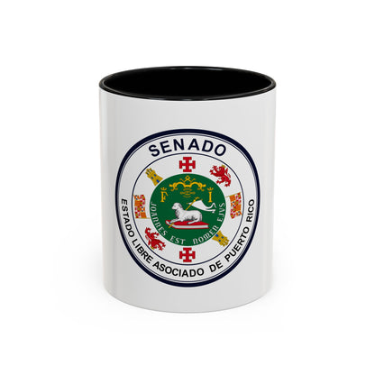 Circular Puerto Rico Senate seal with a white lamb on a red book under a gold crown and navy rim.