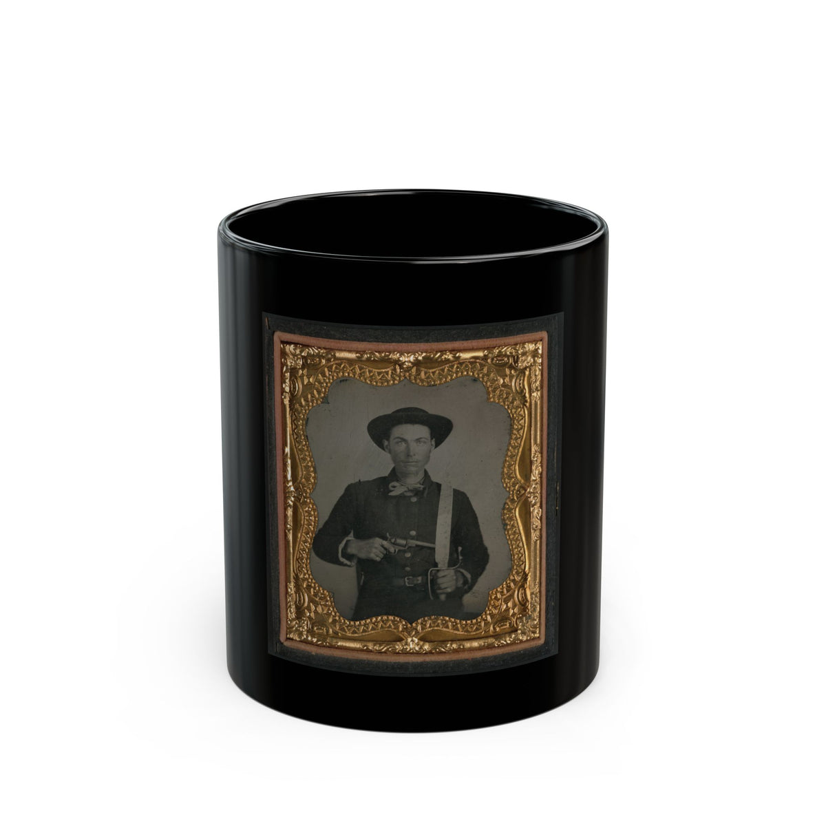 Sepia tintype of a man in a wide-brimmed hat holding a revolver and a sword, set in an ornate gilt frame.