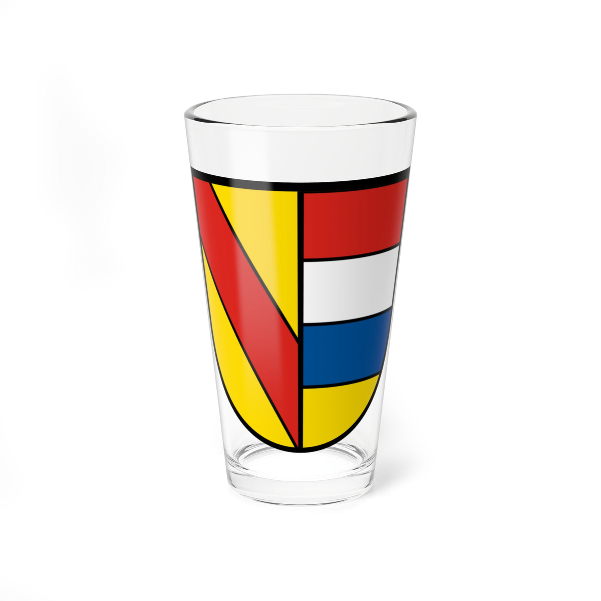 Heraldic shield split vertically: a red diagonal band on yellow, and red, white, blue and yellow stripes.