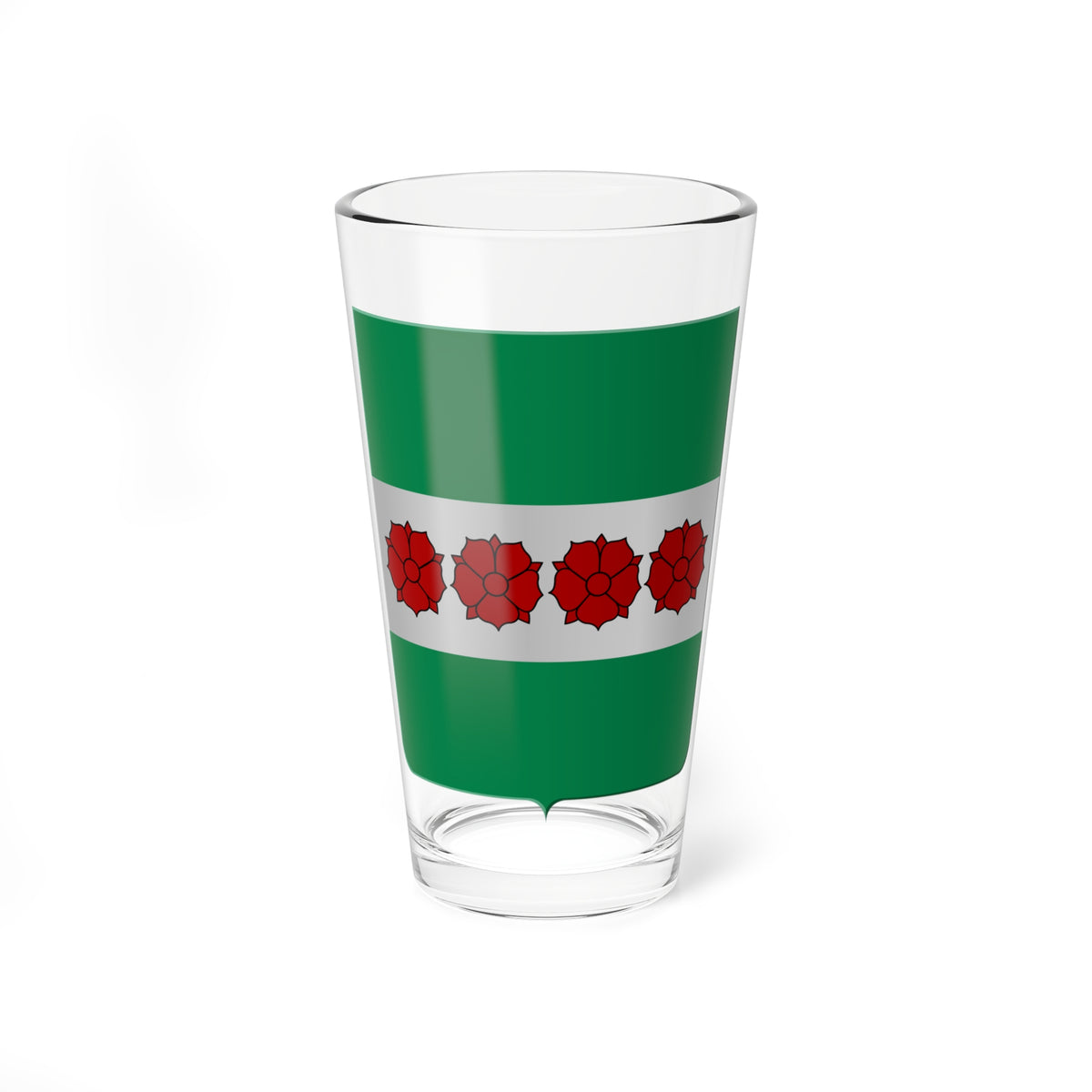 Four red roses in a row across a silver band on a green heraldic shield, in a flat vector style.