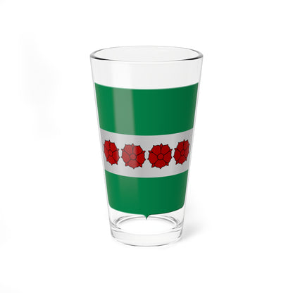Four red roses in a row across a silver band on a green heraldic shield, in a flat vector style.