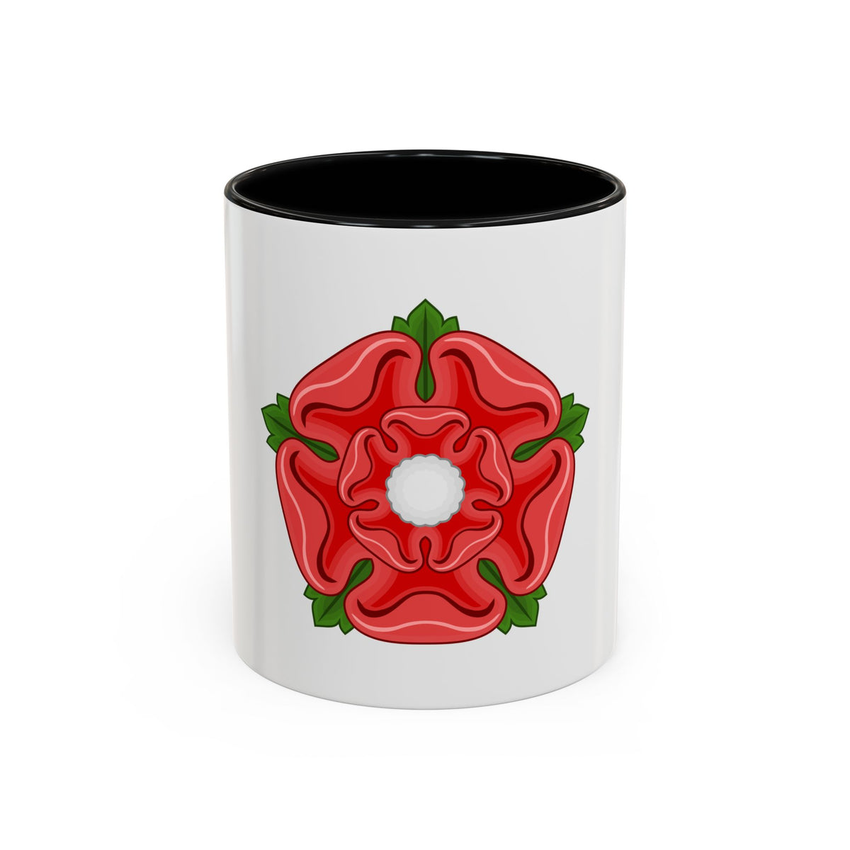 A stylised red Tudor rose with five petals, a white centre and green sepals on a plain background.