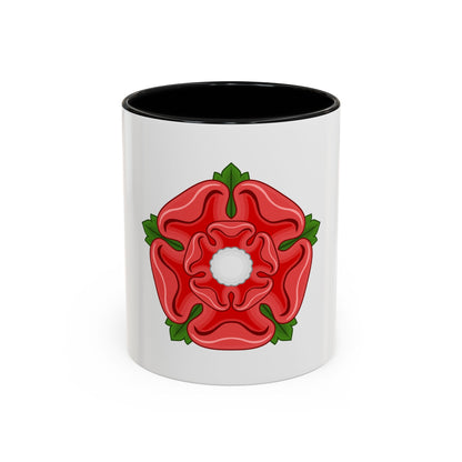 A stylised red Tudor rose with five petals, a white centre and green sepals on a plain background.