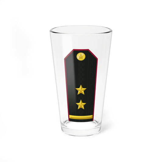 Dark charcoal military shoulder board with crimson edging, two gold stars and a gold bar near the base.