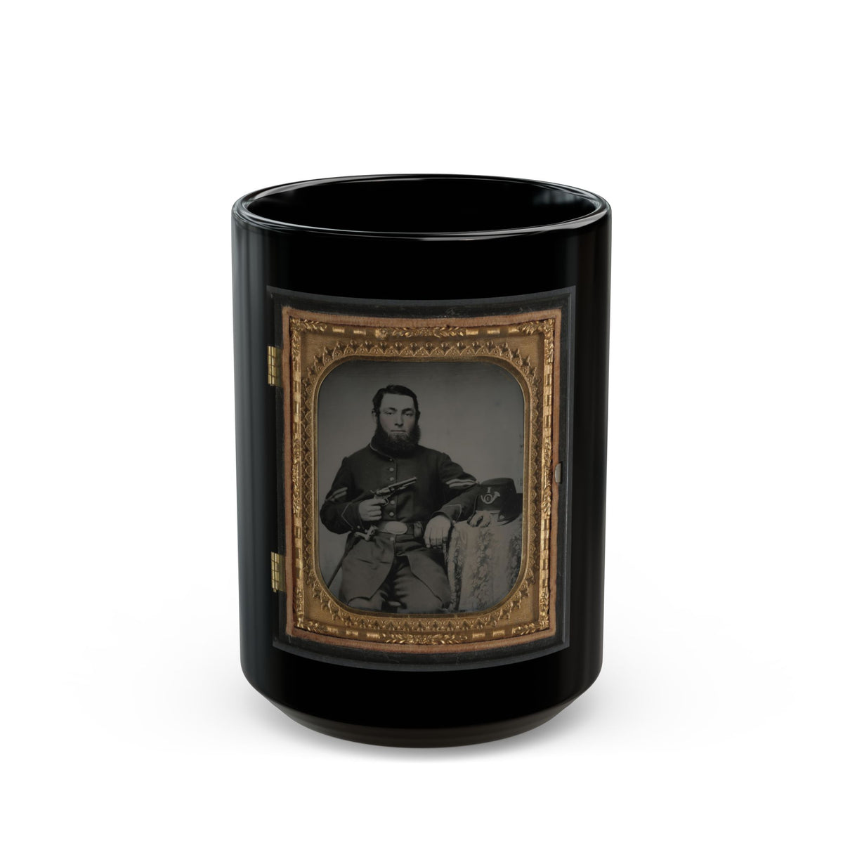 Unidentified Soldier In Union Corporal's Uniform With Revolver, Bayonet, And Hat Havelock Combination (U.S. Civil War) Black Coffee Mug