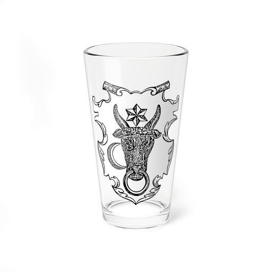Black and white engraving of a bull head with a ring in its mouth, a star between the horns and a crescent moon.