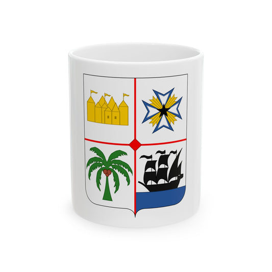 Quartered heraldic shield with a gold castle, a white cross with gold rays, a palm and a black ship on blue sea.
