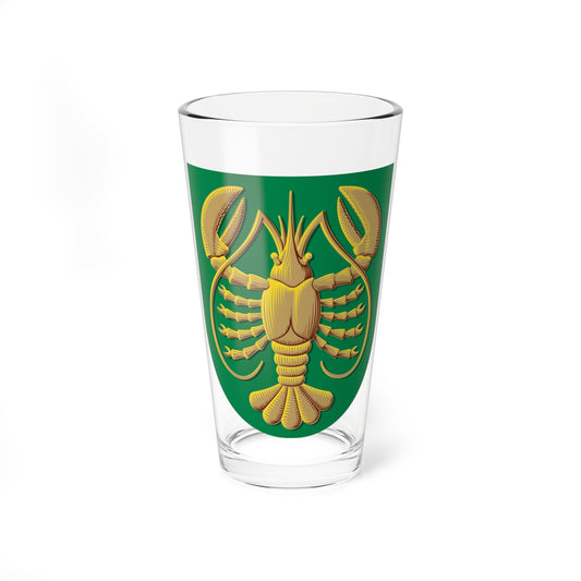 Gold engraved lobster with raised claws and a fanned tail centred on a green heraldic shield.