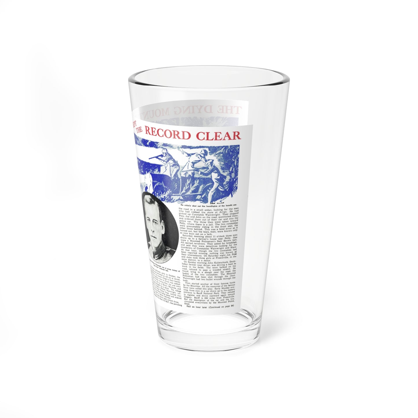 The Dying Mountie Kept The Record Clear, Sensation magazine, November 1939 (Magazine Illustration) Pint Glass 16oz