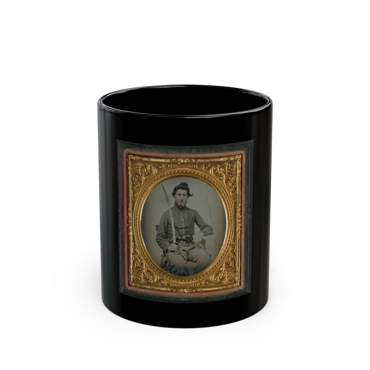 Felix Thompson Of Company H, 1st Missouri Cavalry Regiment With Pistols And Sabre (U.S. Civil War) Black Coffee Mug