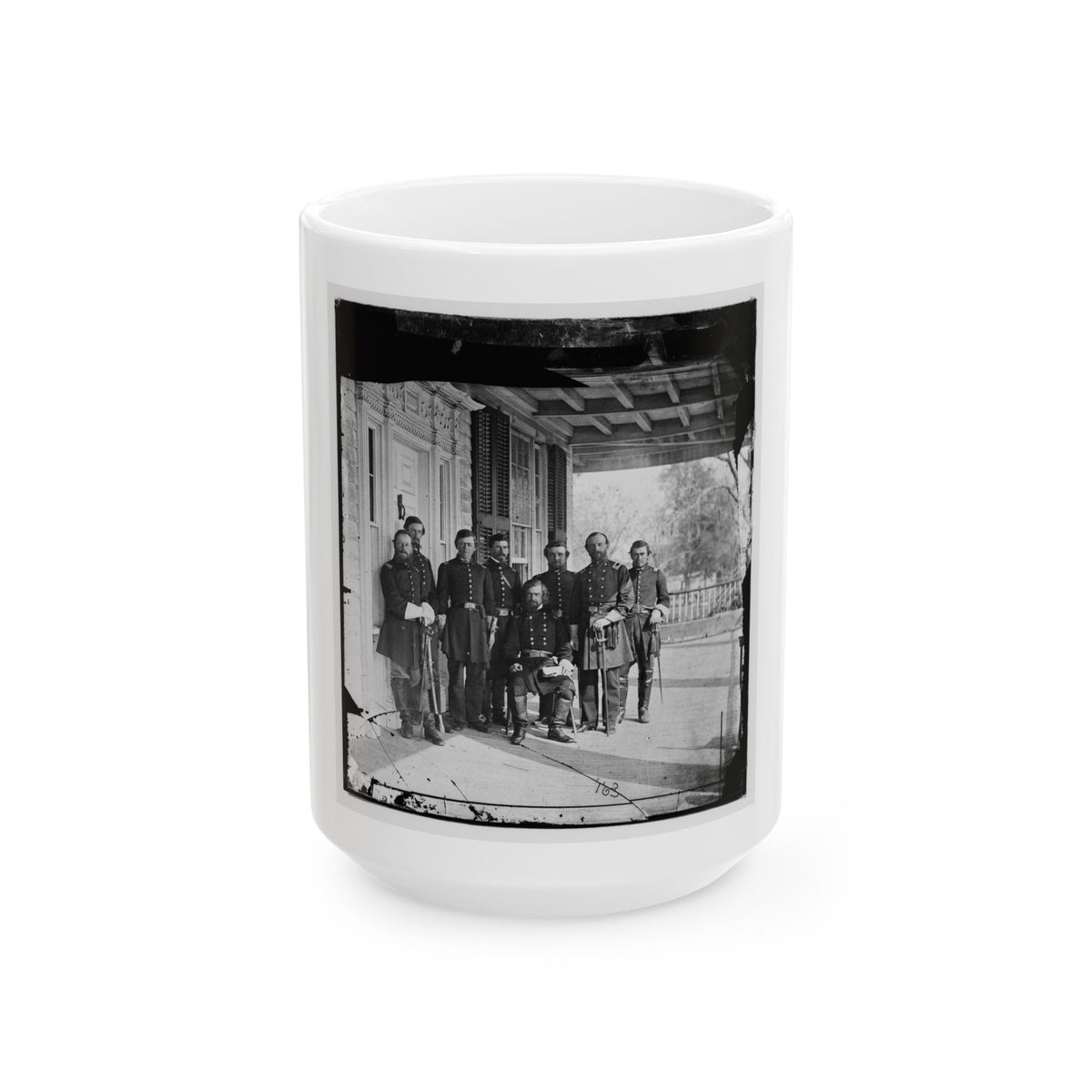 Beaufort, S.C. Gen. Isaac I. Stevens (Seated) And Staff On Porch Of A House (U.S. Civil War) White Coffee Mug